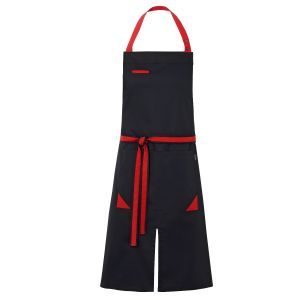 avental de cozinha profissional preto detalhe vermelho com dois bolsos com fenda central
