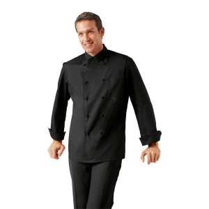 Dolmã preto moderna manga longa com botões feitos a mão para chef de cozinha, restaurantes, hotel, subchefs, uniformes para cozinha.