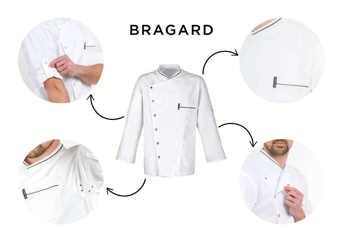 Chef utilizando uniforme profissional Bragard em cozinha de hotel.